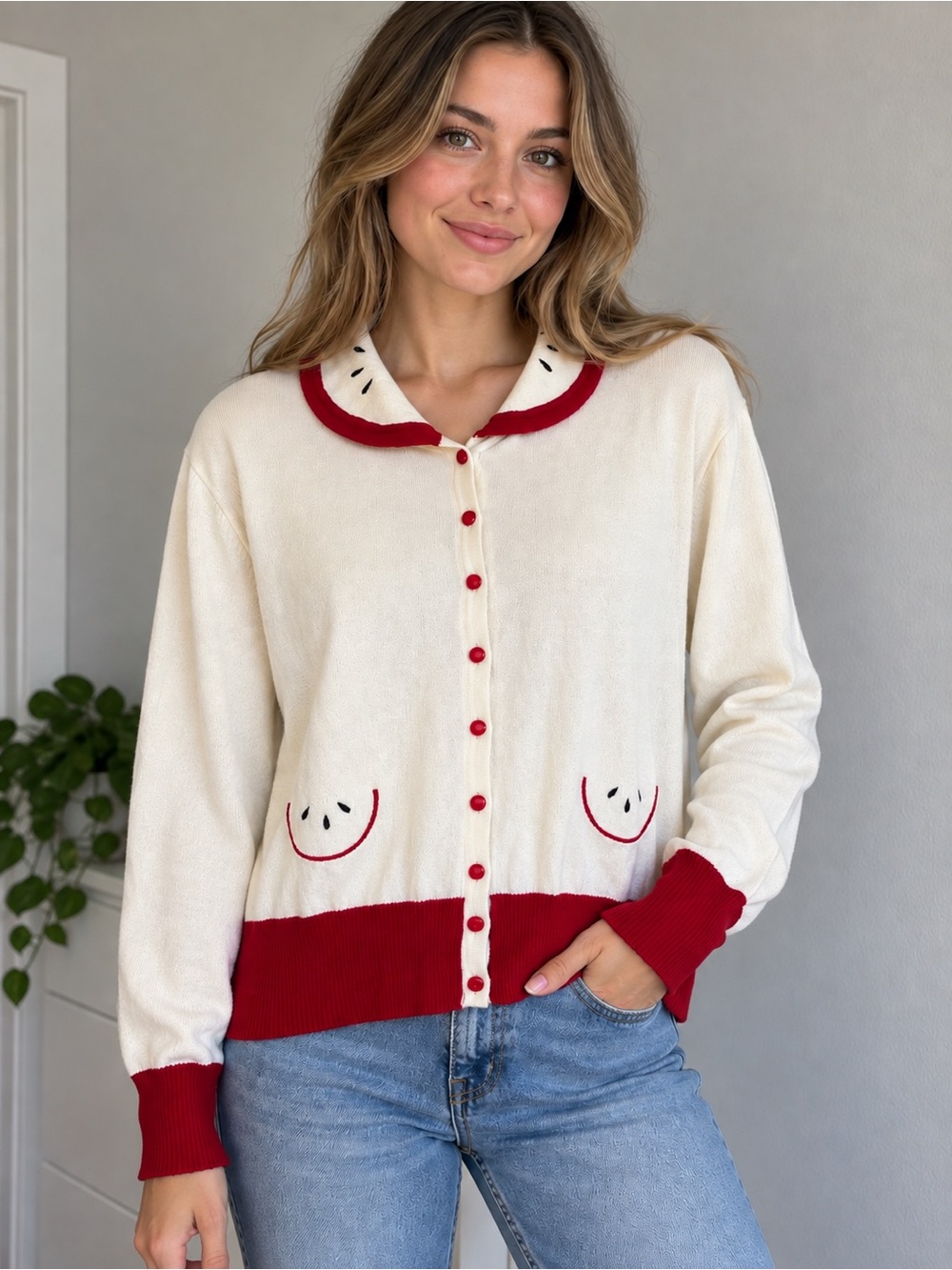 Voodoo Vixen Cream Cardigan with Red Trim and Pocket Smile Details
